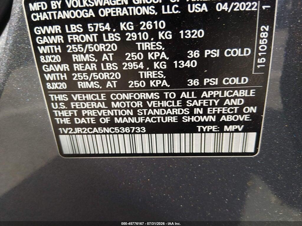 1V2JR2CA5NC536733 2022 VOLKSWAGEN ATLAS photo no. 9