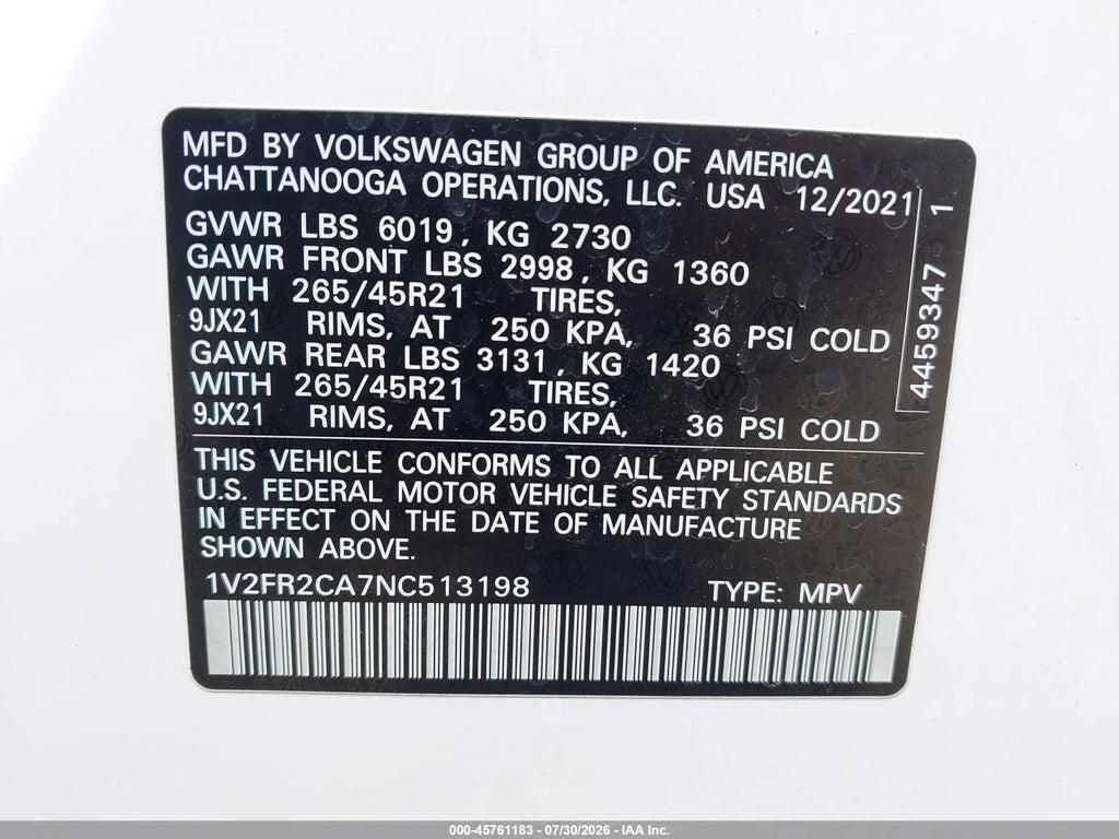 1V2FR2CA7NC513198 2022 VOLKSWAGEN ATLAS photo no. 9