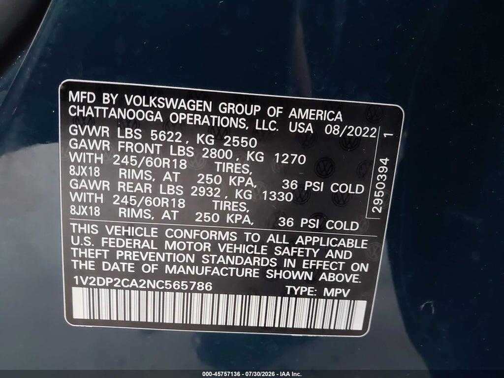 1V2DP2CA2NC565786 2022 VOLKSWAGEN ATLAS photo no. 9