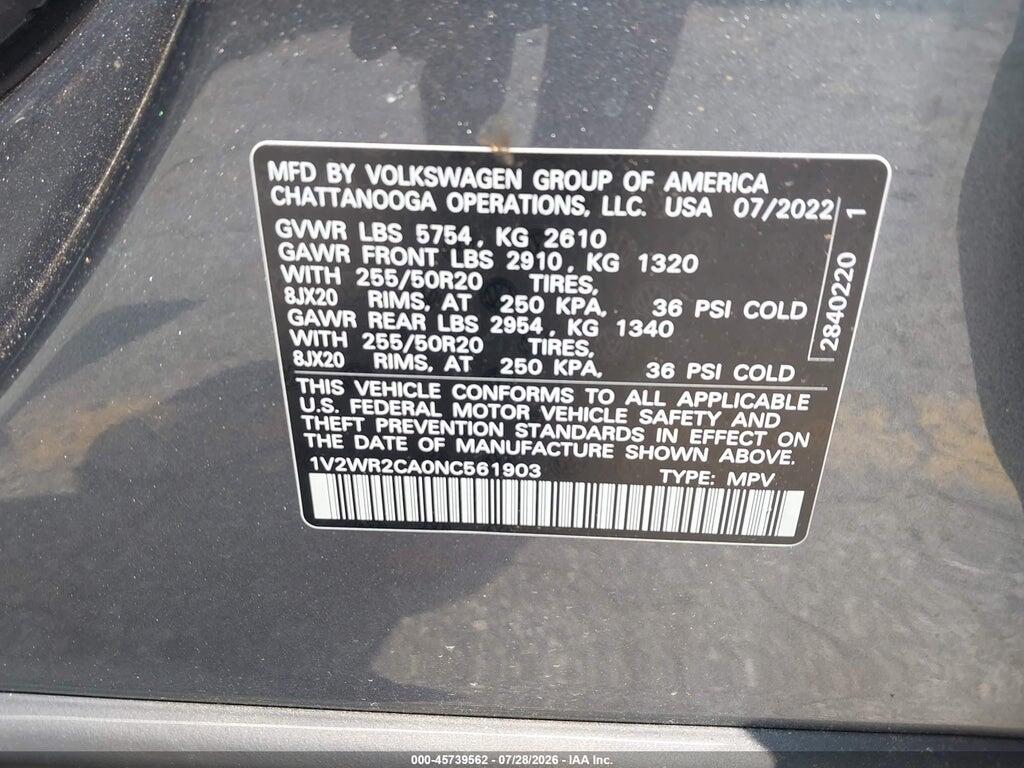 1V2WR2CA0NC561903 2022 VOLKSWAGEN ATLAS photo no. 9