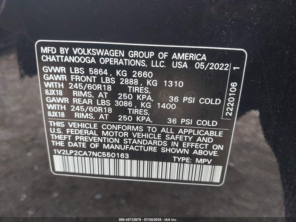 1V2LP2CA7NC550163 2022 VOLKSWAGEN ATLAS photo no. 9