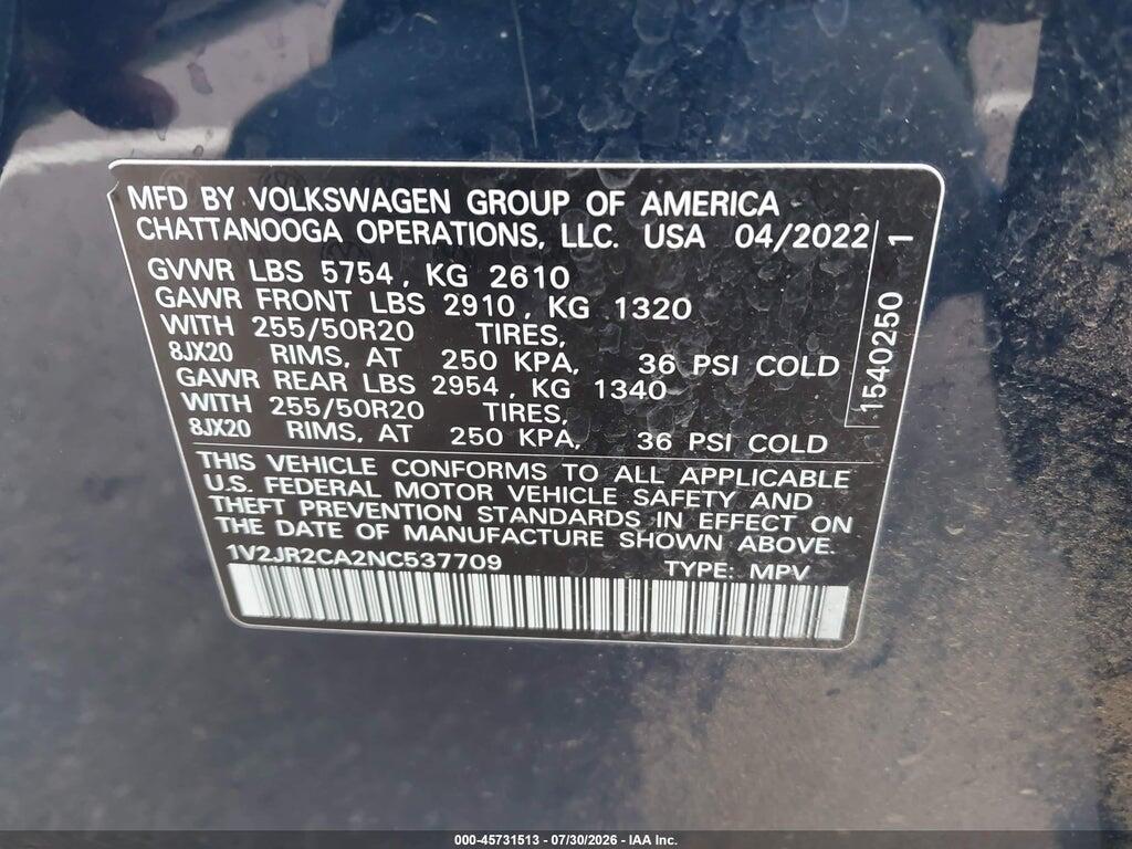 1V2JR2CA2NC537709 2022 VOLKSWAGEN ATLAS photo no. 9
