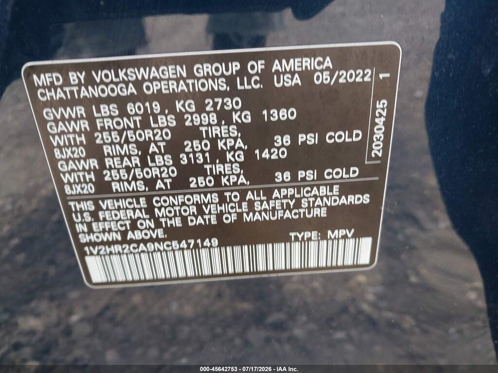 1V2HR2CA9NC547149 2022 VOLKSWAGEN ATLAS photo no. 9