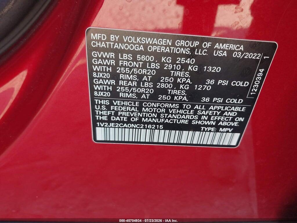 1V2JE2CA0NC216215 2022 VOLKSWAGEN ATLAS CROSS SPORT photo no. 9