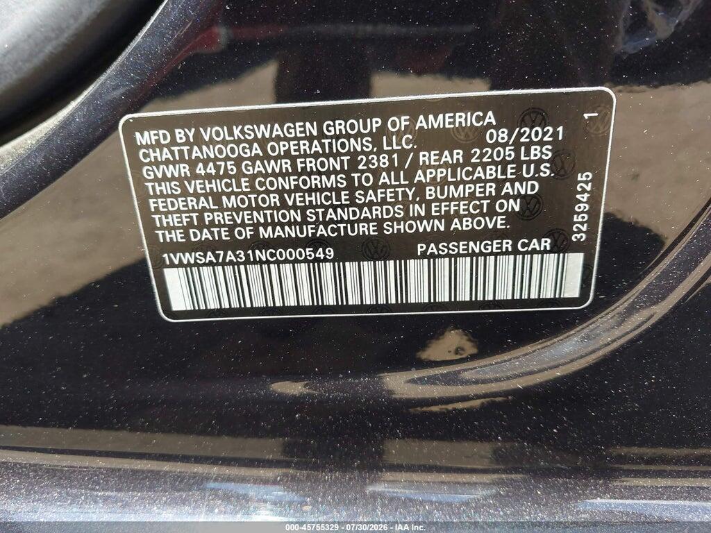 1VWSA7A31NC000549 2022 VOLKSWAGEN PASSAT photo no. 9