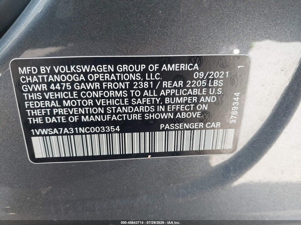 1VWSA7A31NC003354 2022 VOLKSWAGEN PASSAT photo no. 9