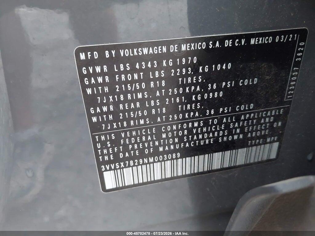 3VVSX7B29NM003089 2022 VOLKSWAGEN TAOS photo no. 9