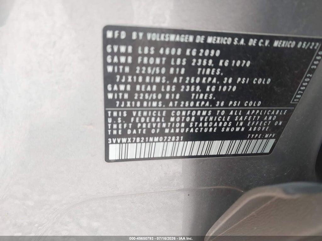 3VVWX7B21NM072831 2022 VOLKSWAGEN TAOS photo no. 9
