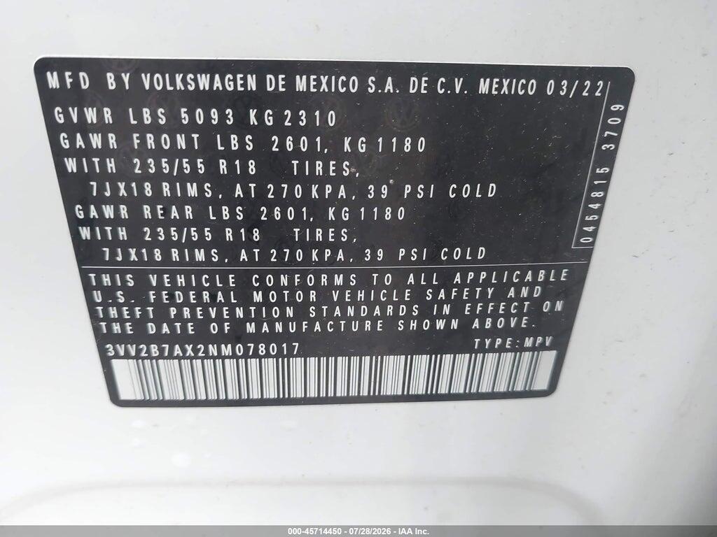 3VV2B7AX2NM078017 2022 VOLKSWAGEN TIGUAN photo no. 9