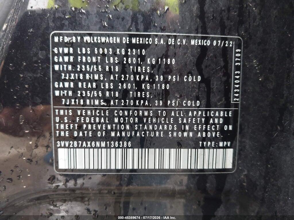 3VV2B7AX6NM136386 2022 VOLKSWAGEN TIGUAN photo no. 9