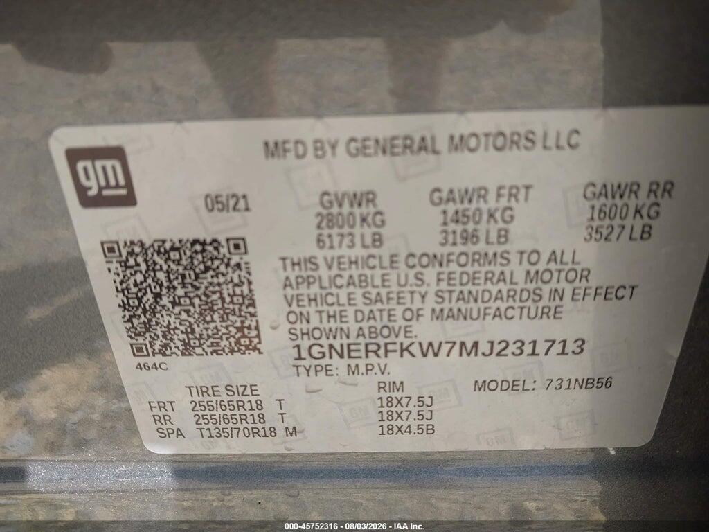 1GNERFKW7MJ231713 2021 CHEVROLET TRAVERSE photo no. 9