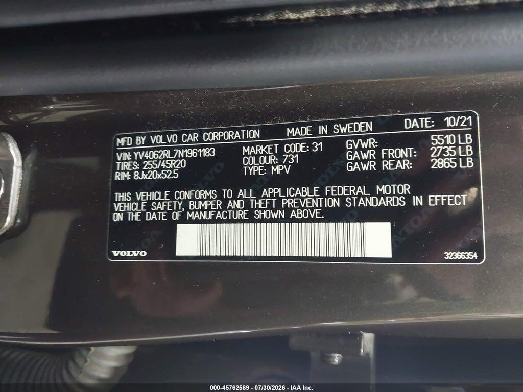 YV4062RL7N1961183 2022 VOLVO XC60 photo no. 9