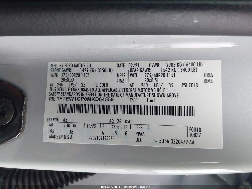 1FTEW1CP0MKD64559 2021 FORD F-150 photo no. 9