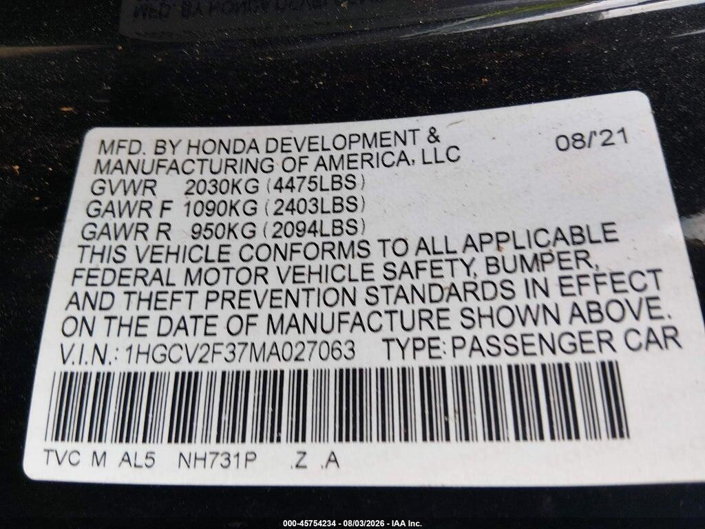 1HGCV2F37MA027063 2021 HONDA ACCORD photo no. 9