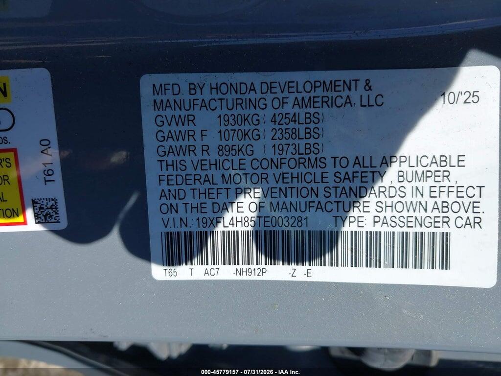 19XFL4H85TE003281 2026 HONDA CIVIC HYBRID photo no. 9