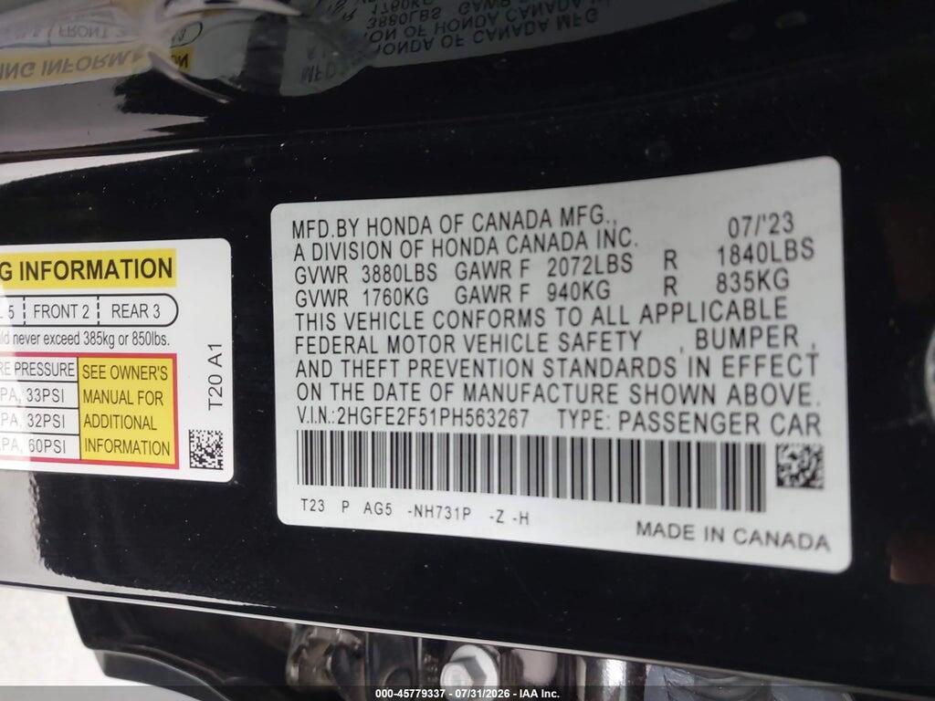 2HGFE2F51PH563267 2023 HONDA CIVIC photo no. 9
