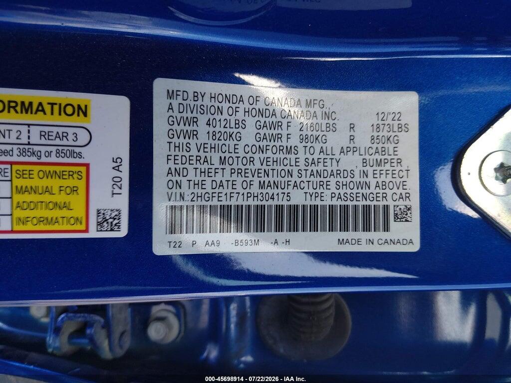 2HGFE1F71PH304175 2023 HONDA CIVIC photo no. 9