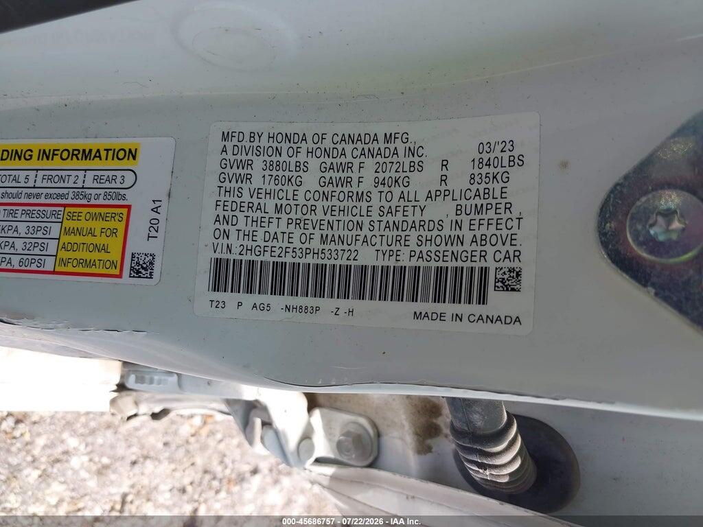 2HGFE2F53PH533722 2023 HONDA CIVIC photo no. 9