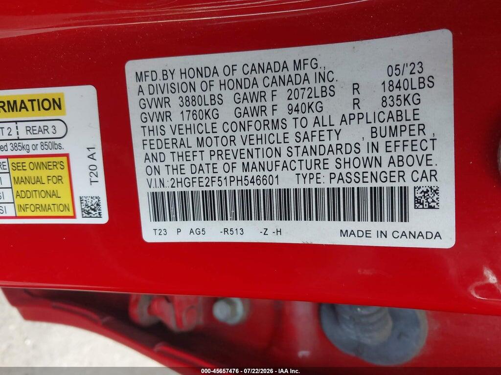2HGFE2F51PH546601 2023 HONDA CIVIC photo no. 9