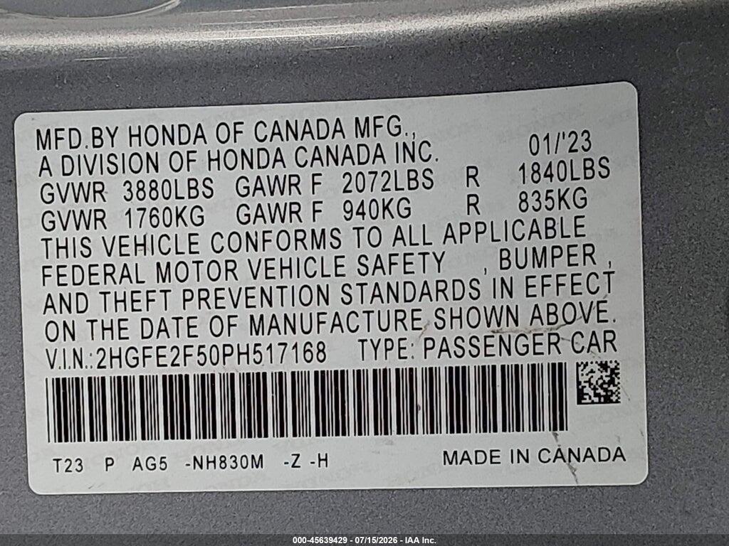 2HGFE2F50PH517168 2023 HONDA CIVIC photo no. 9