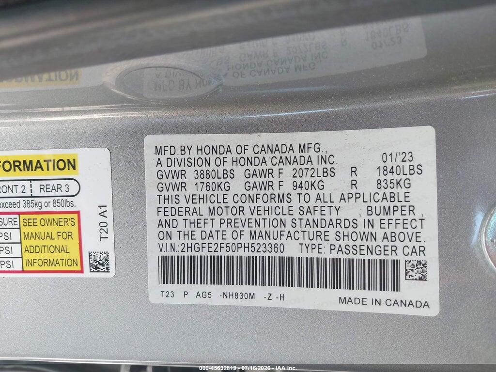 2HGFE2F50PH523360 2023 HONDA CIVIC photo no. 9