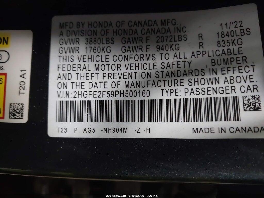 2HGFE2F59PH500160 2023 HONDA CIVIC photo no. 9
