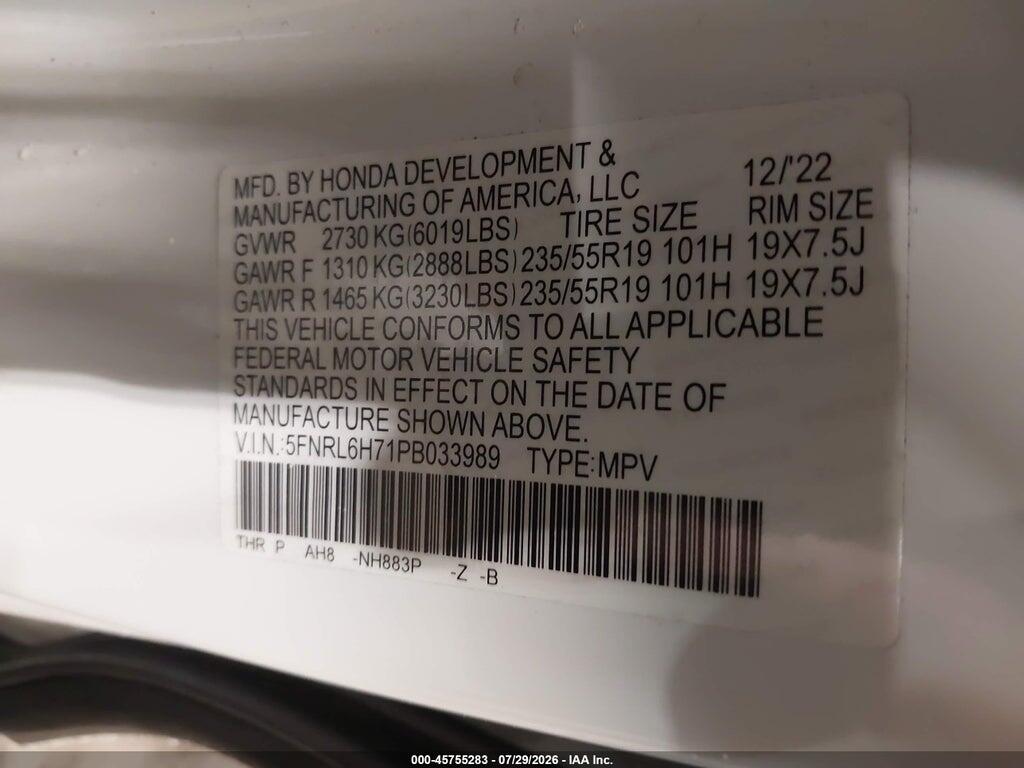 5FNRL6H71PB033989 2023 HONDA ODYSSEY photo no. 9