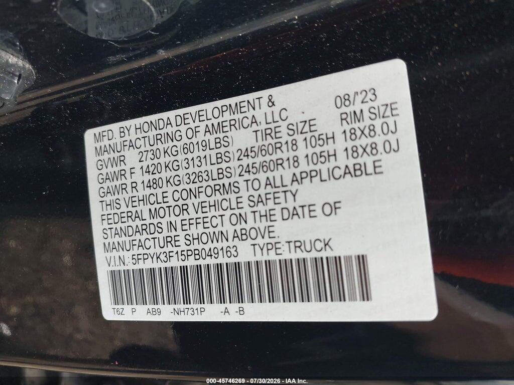 5FPYK3F15PB049163 2023 HONDA RIDGELINE photo no. 9