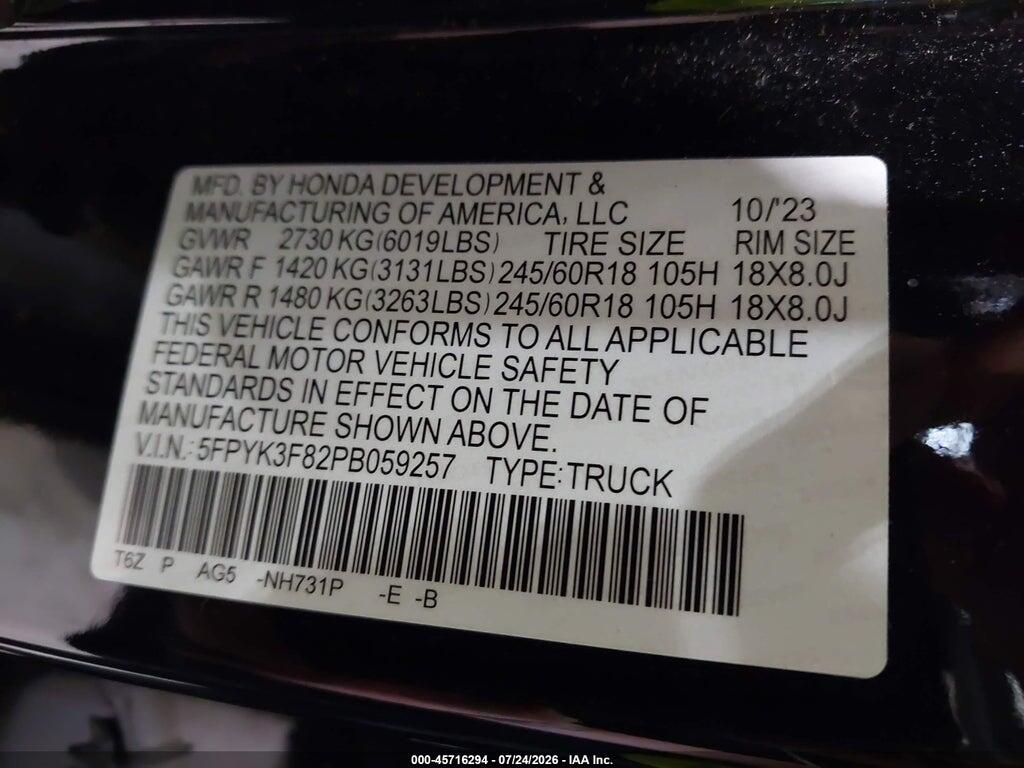 5FPYK3F82PB059257 2023 HONDA RIDGELINE photo no. 9