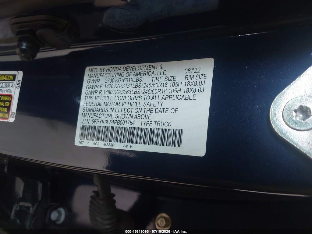 5FPYK3F54PB001754 2023 HONDA RIDGELINE photo no. 9