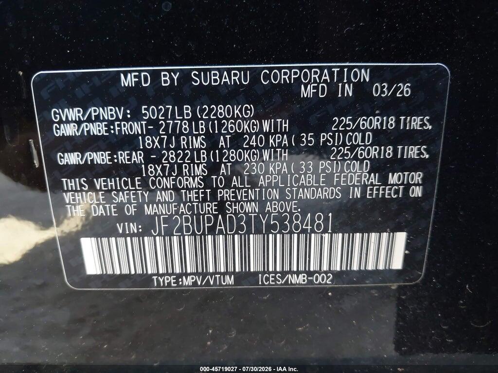 JF2BUPAD3TY538481 2026 SUBARU OUTBACK photo no. 9