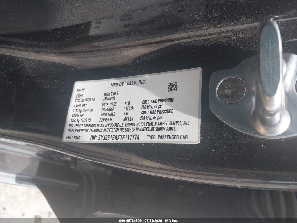 5YJ3E1EAXTF117774 2026 TESLA MODEL 3 photo no. 9