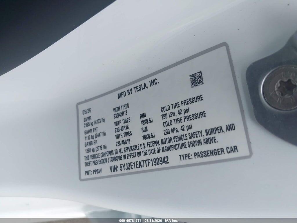 5YJ3E1EA7TF190942 2026 TESLA MODEL 3 photo no. 9