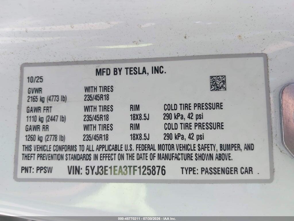 5YJ3E1EA3TF125876 2026 TESLA MODEL 3 photo no. 9