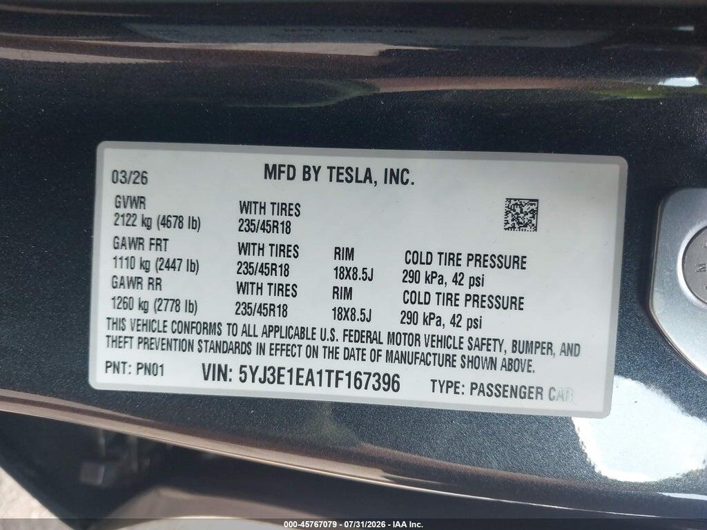 5YJ3E1EA1TF167396 2026 TESLA MODEL 3 photo no. 9