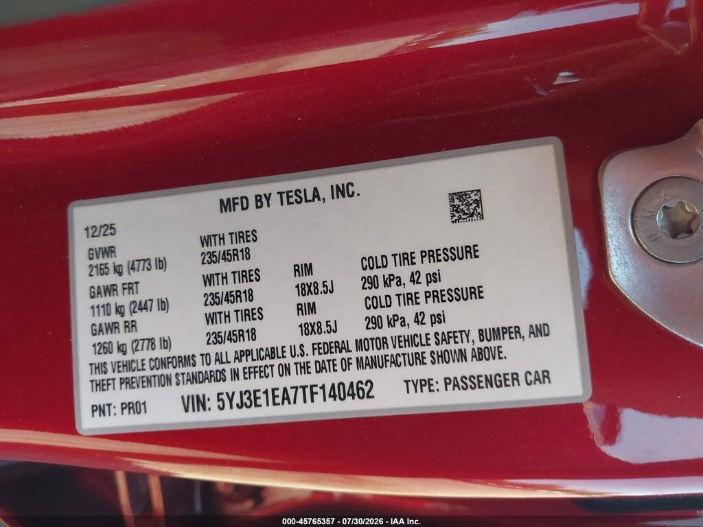 5YJ3E1EA7TF140462 2026 TESLA MODEL 3 photo no. 9
