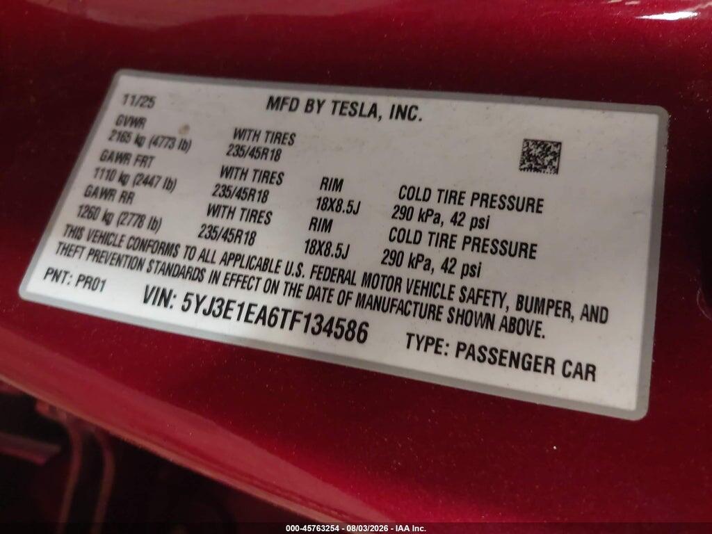 5YJ3E1EA6TF134586 2026 TESLA MODEL 3 photo no. 9