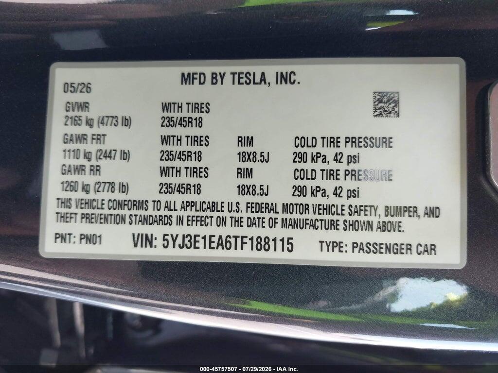 5YJ3E1EA6TF188115 2026 TESLA MODEL 3 photo no. 9