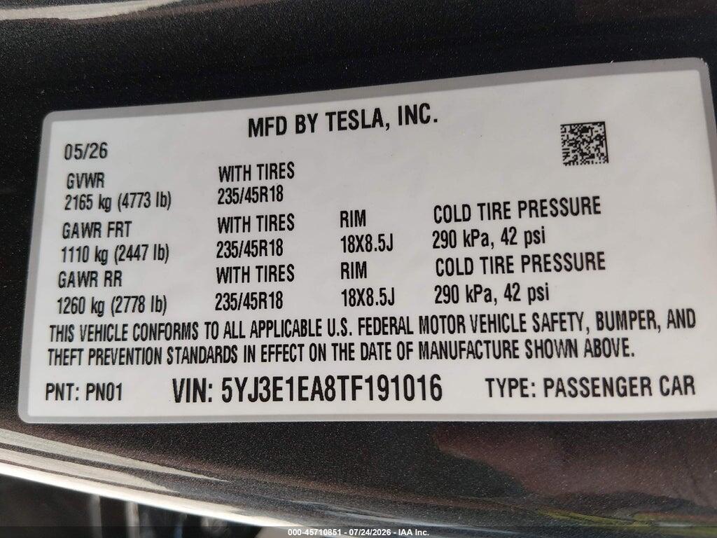 5YJ3E1EA8TF191016 2026 TESLA MODEL 3 photo no. 9