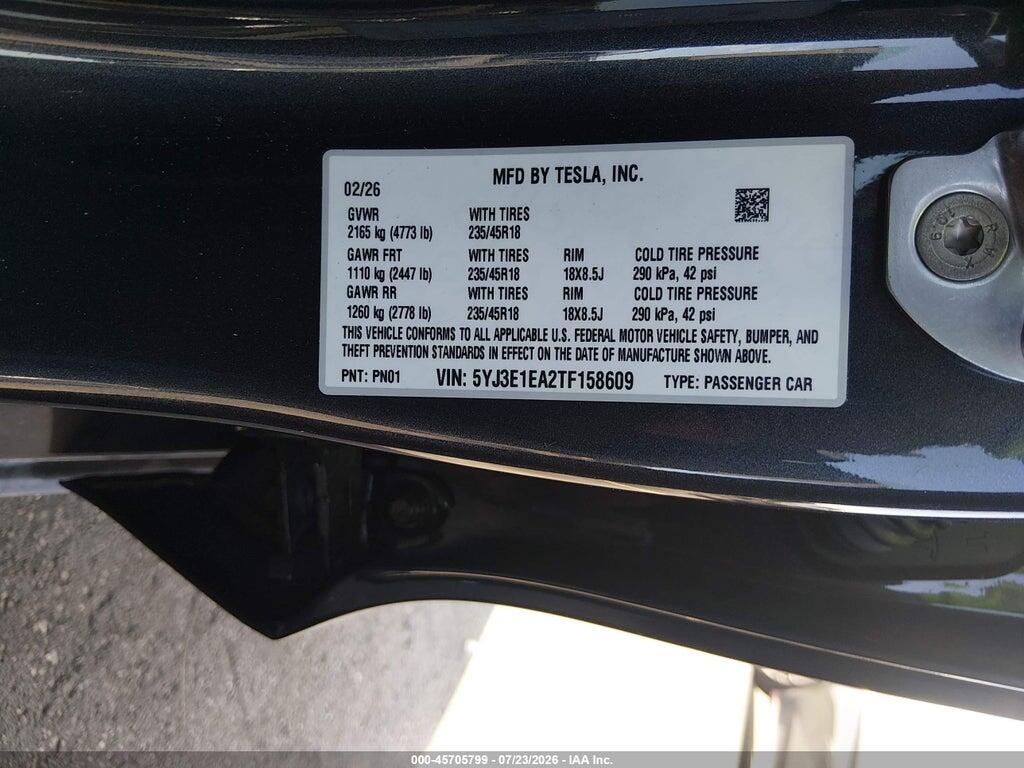 5YJ3E1EA2TF158609 2026 TESLA MODEL 3 photo no. 9
