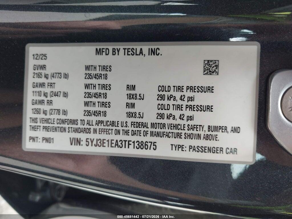 5YJ3E1EA3TF138675 2026 TESLA MODEL 3 photo no. 9