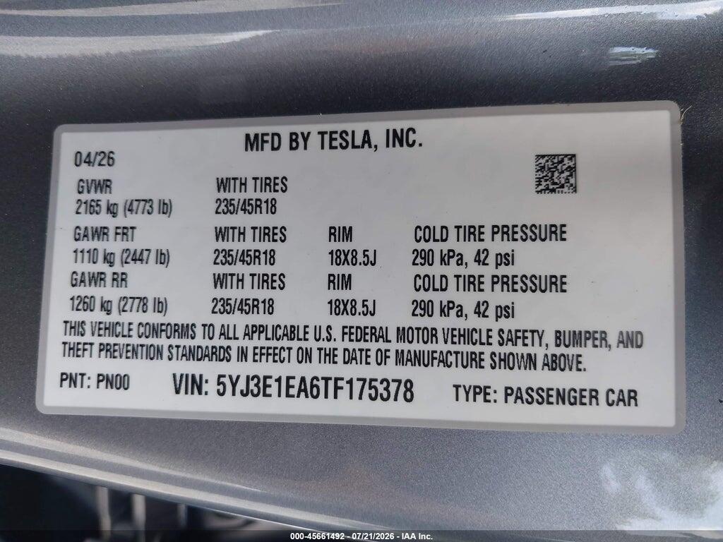 5YJ3E1EA6TF175378 2026 TESLA MODEL 3 photo no. 9