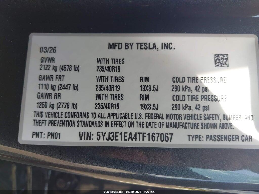 5YJ3E1EA4TF167067 2026 TESLA MODEL 3 photo no. 9