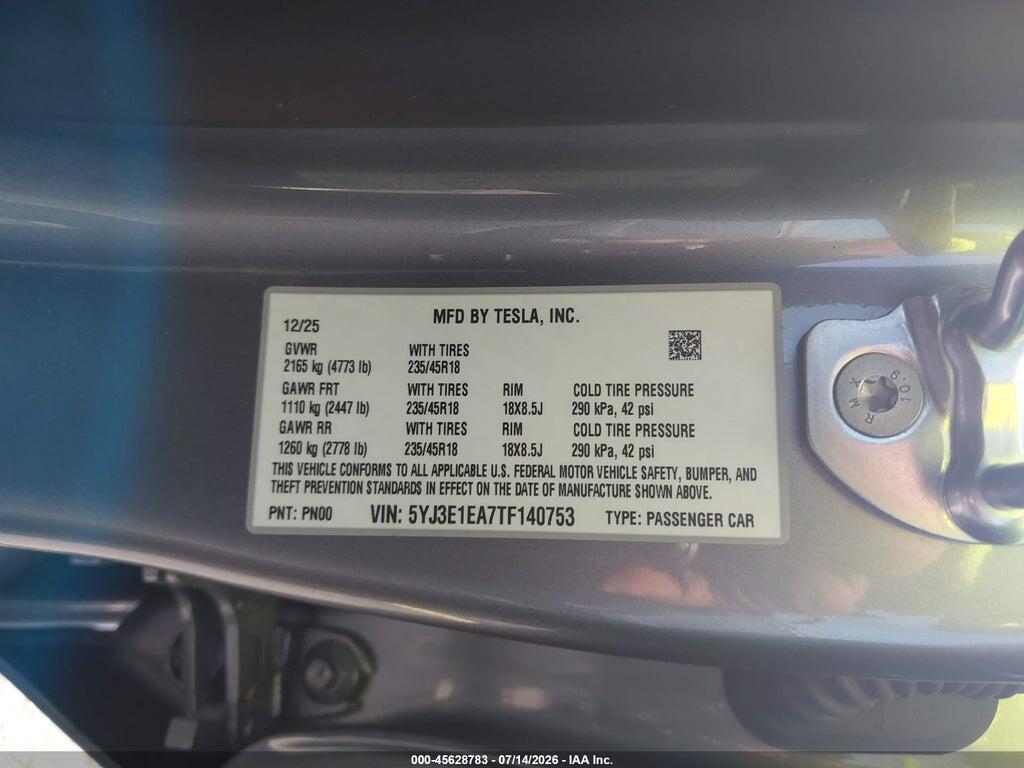 5YJ3E1EA7TF140753 2026 TESLA MODEL 3 photo no. 9