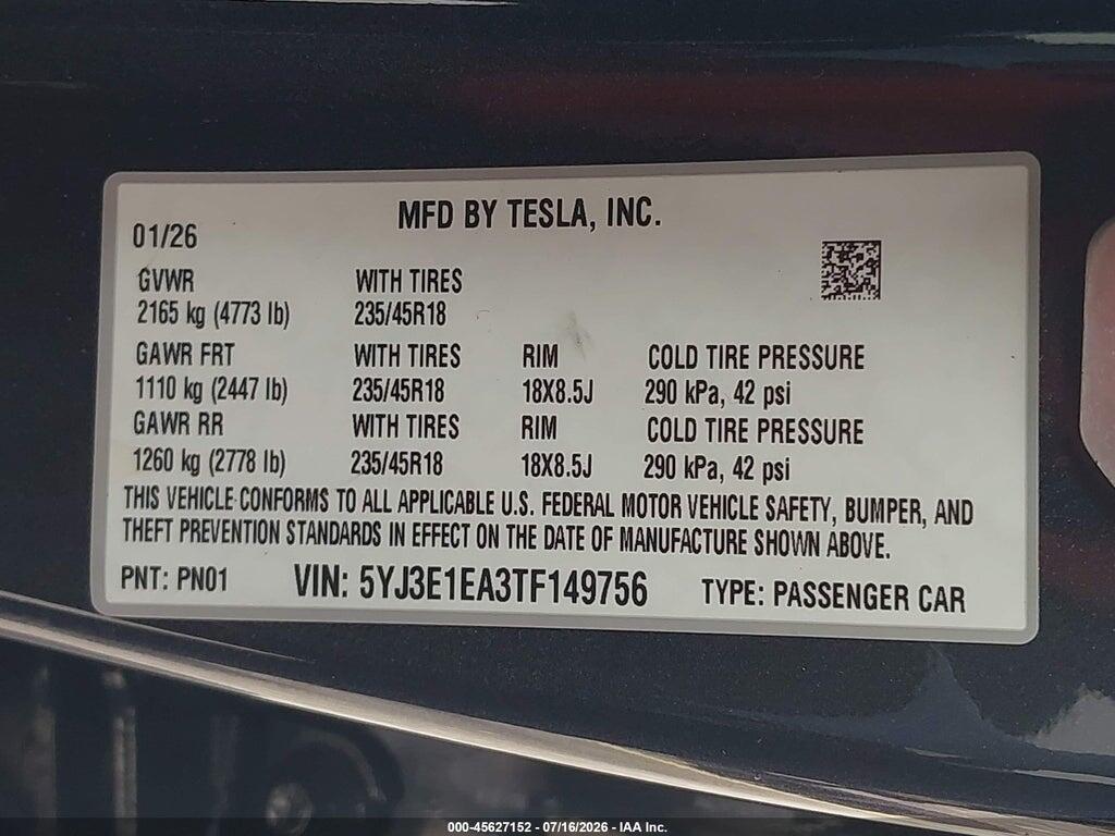 5YJ3E1EA3TF149756 2026 TESLA MODEL 3 photo no. 9