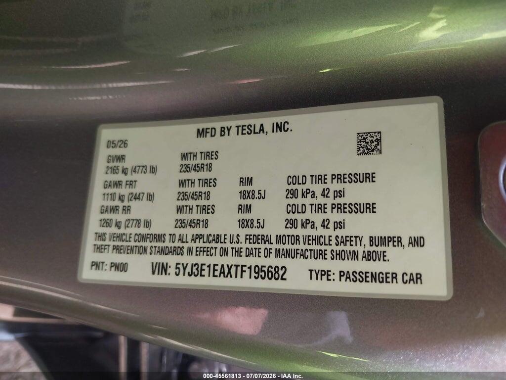 5YJ3E1EAXTF195682 2026 TESLA MODEL 3 photo no. 9