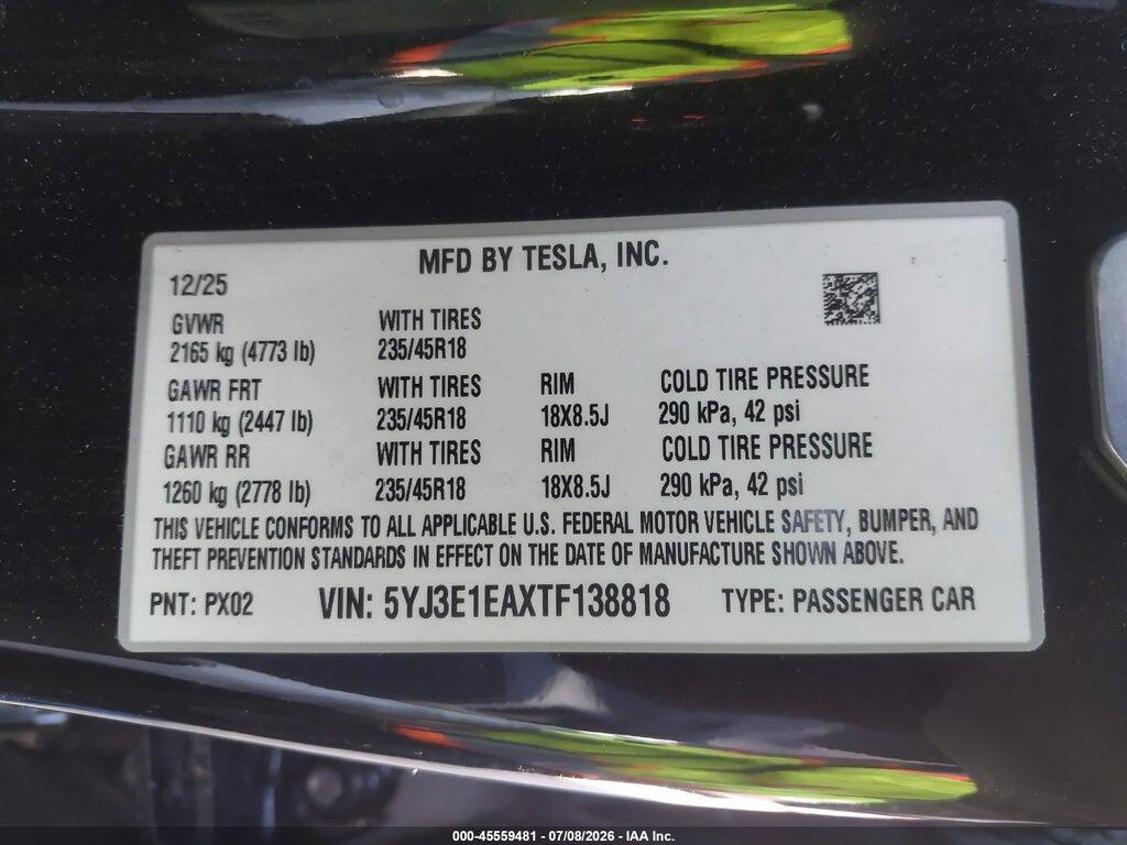 5YJ3E1EAXTF138818 2026 TESLA MODEL 3 photo no. 9