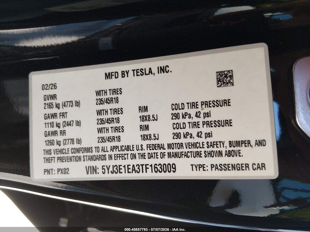 5YJ3E1EA3TF163009 2026 TESLA MODEL 3 photo no. 9