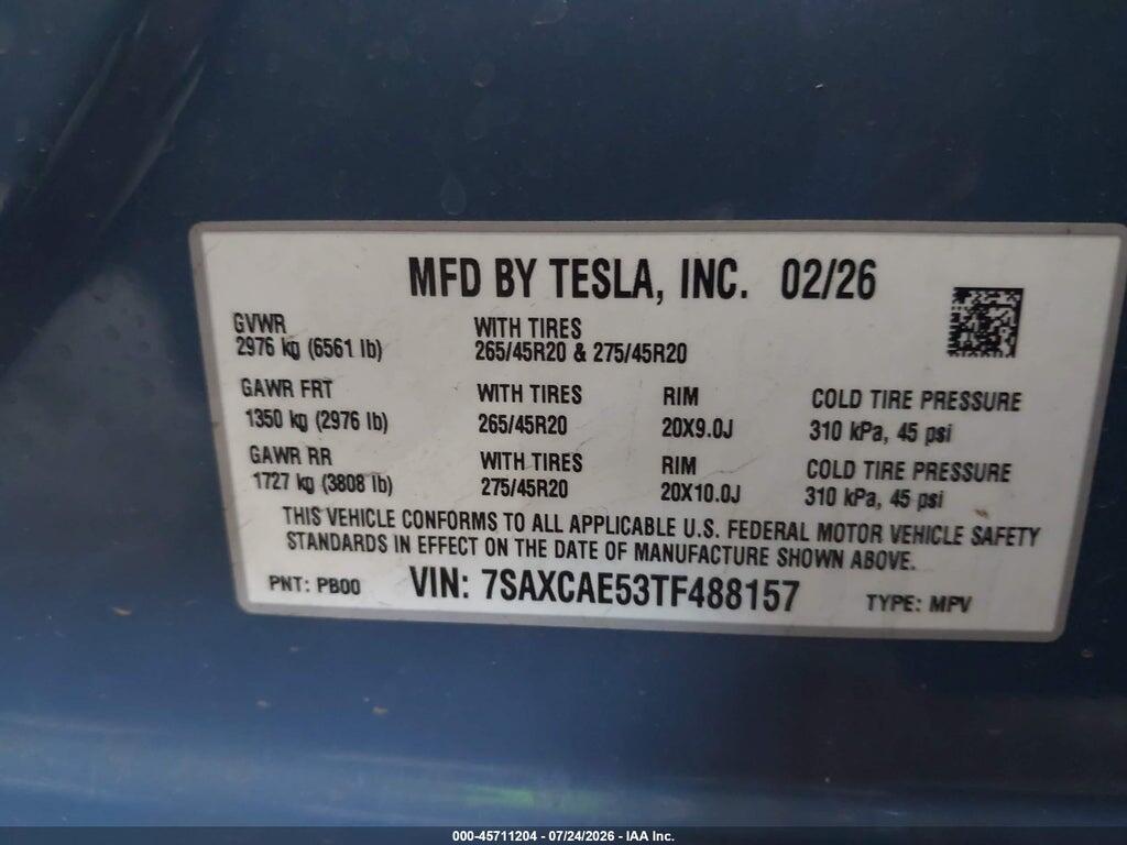 7SAXCAE53TF488157 2026 TESLA MODEL X photo no. 9