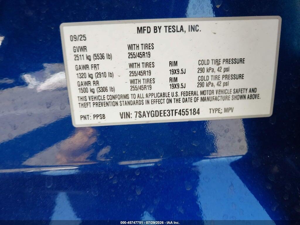 7SAYGDEE3TF455184 2026 TESLA MODEL Y photo no. 9